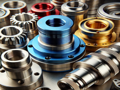 DALLE 2025-03-27 120659 - A close-up of five CNC-machined metal parts each with a different surface finish The finishes include anodized aluminum blue powder-coated steel